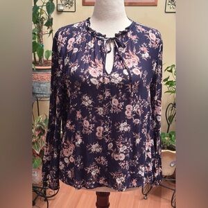 Lucky Brand Size Large Flowing Floral Blouse Bell Sleeve Tie Boho Hippie
